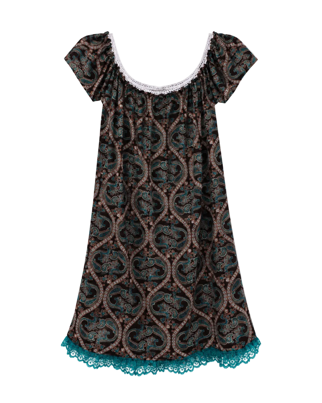 A short-sleeve nightgown with a dark brown and teal paisley pattern, featuring a white lace-trimmed scoop neckline and a teal lace hem.