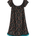 A short-sleeve nightgown with a dark brown and teal paisley pattern, featuring a white lace-trimmed scoop neckline and a teal lace hem.