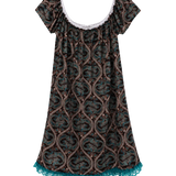 A short-sleeve nightgown with a dark brown and teal paisley pattern, featuring a white lace-trimmed scoop neckline and a teal lace hem.