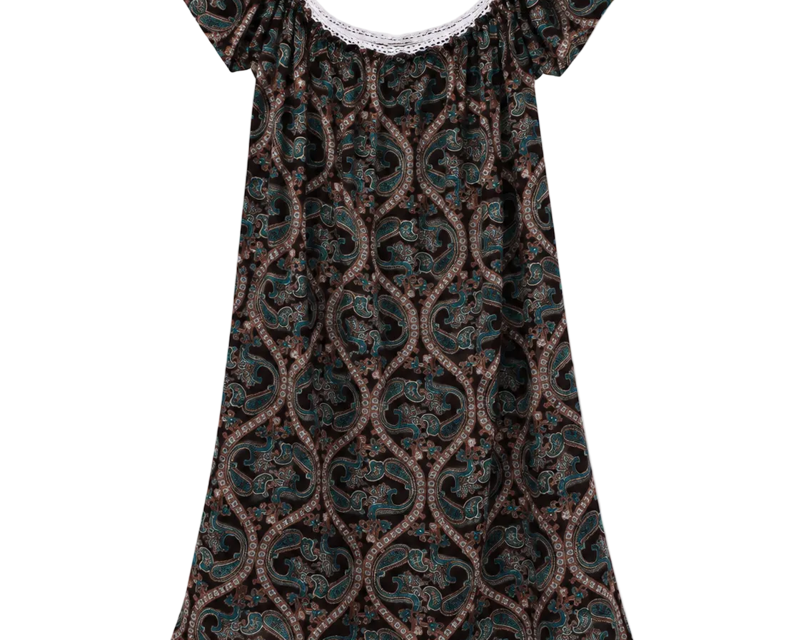 A short-sleeve nightgown with a dark brown and teal paisley pattern, featuring a white lace-trimmed scoop neckline and a teal lace hem.