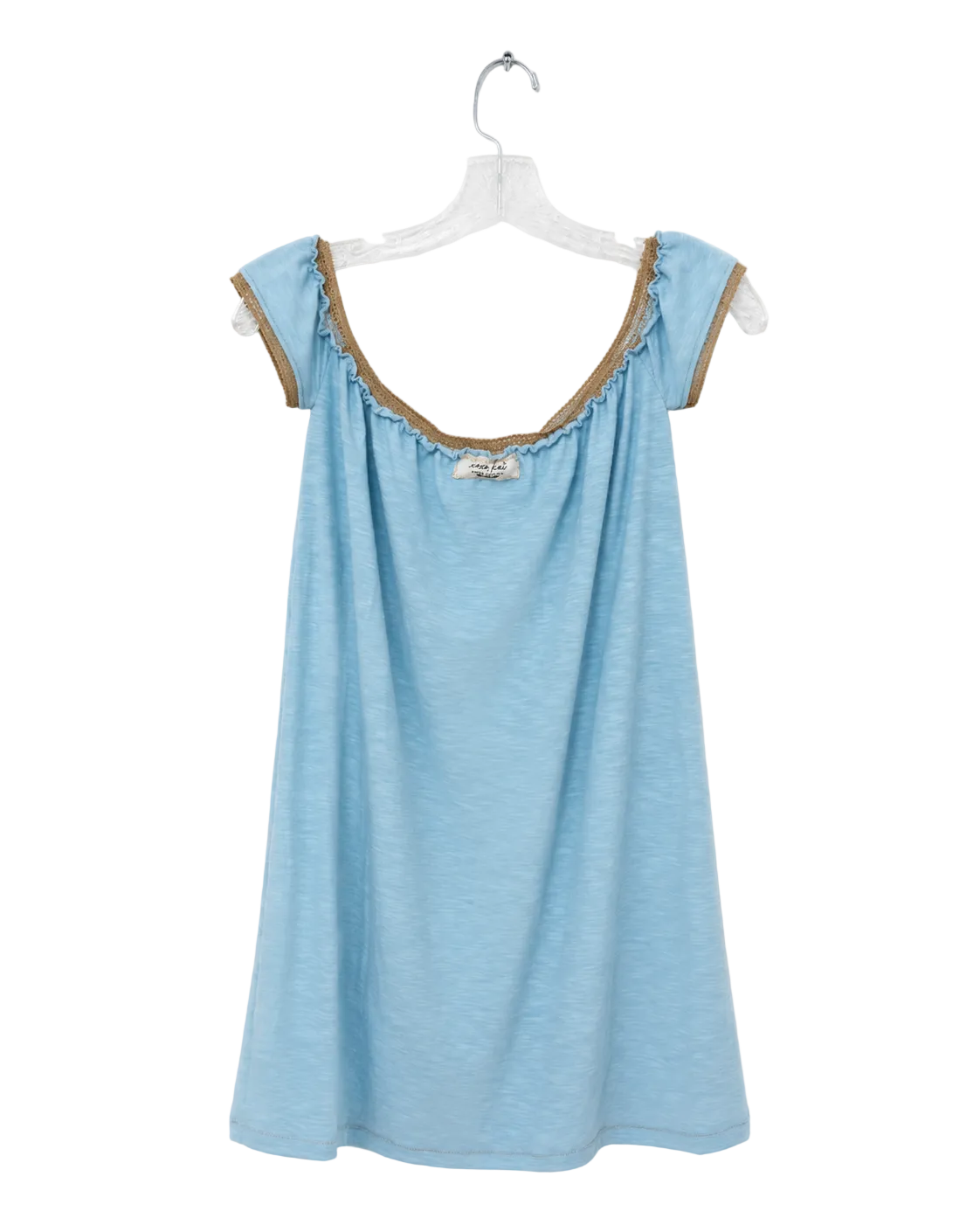 A light blue sleeveless top with ruffled trim and lace-up shoulder details, hanging on a clear plastic hanger against a white background.