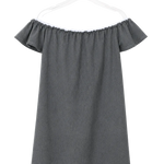 A dark gray off-the-shoulder short-sleeve dress with a ruffled hem, hanging on a white plastic hanger against a plain white background. 