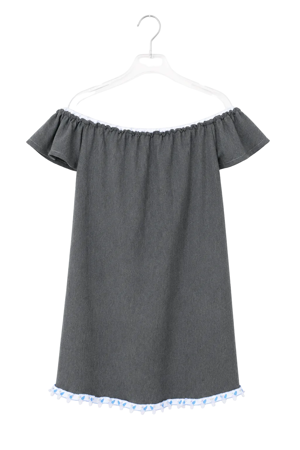 A dark gray off-the-shoulder short-sleeve dress with a ruffled hem, hanging on a white plastic hanger against a plain white background. 