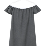 A dark gray off-the-shoulder short-sleeve dress with a ruffled hem, hanging on a white plastic hanger against a plain white background. 