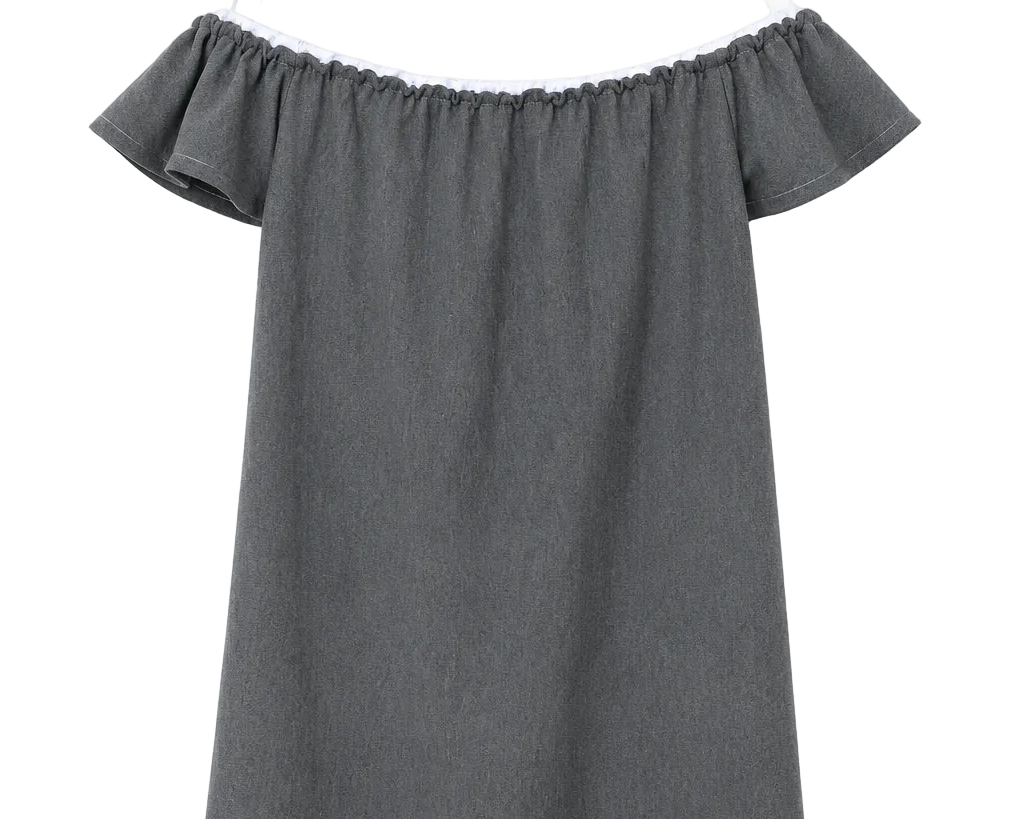 A dark gray off-the-shoulder short-sleeve dress with a ruffled hem, hanging on a white plastic hanger against a plain white background. 