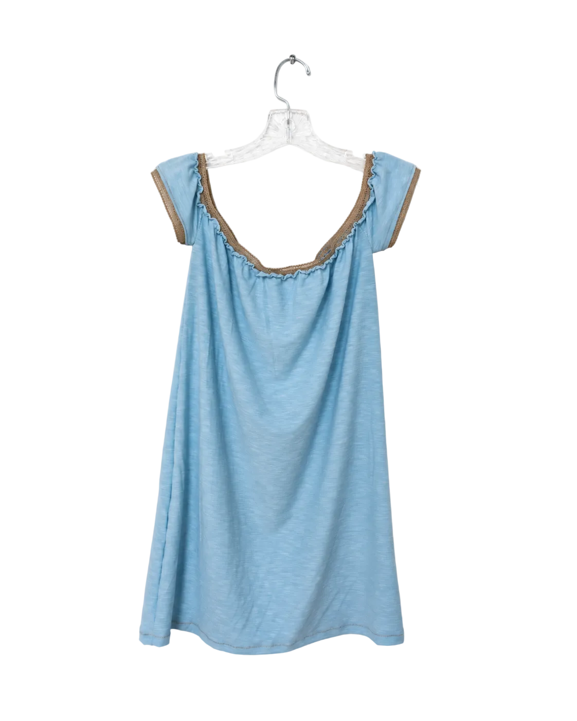 A light blue short-sleeve slip dress with brown ruffle trim along the scoop neckline and sleeve edges, hanging on a clear plastic hanger against a white background.