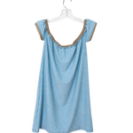 A light blue short-sleeve slip dress with brown ruffle trim along the scoop neckline and sleeve edges, hanging on a clear plastic hanger against a white background.