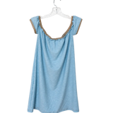 A light blue short-sleeve slip dress with brown ruffle trim along the scoop neckline and sleeve edges, hanging on a clear plastic hanger against a white background.