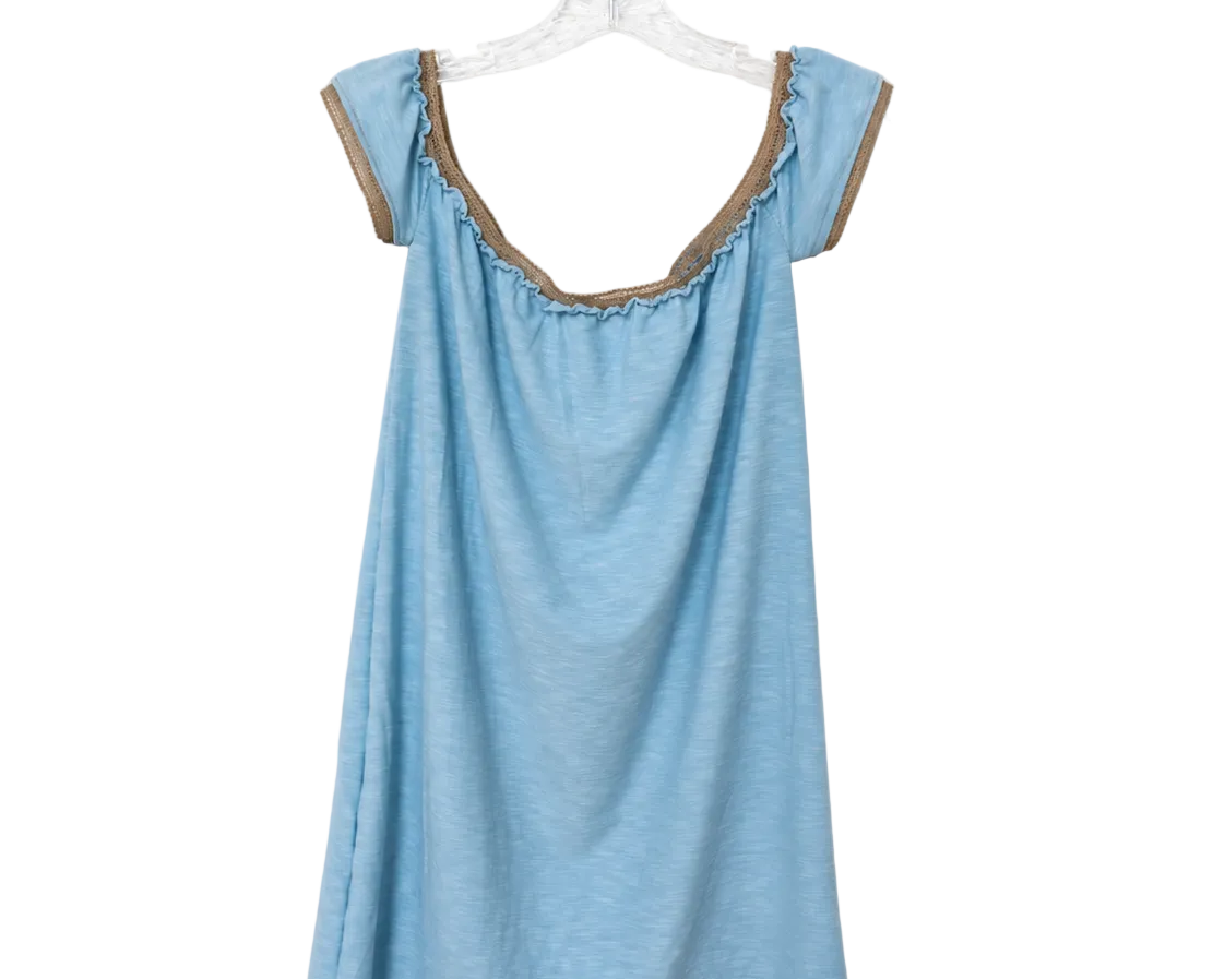 A light blue short-sleeve slip dress with brown ruffle trim along the scoop neckline and sleeve edges, hanging on a clear plastic hanger against a white background.