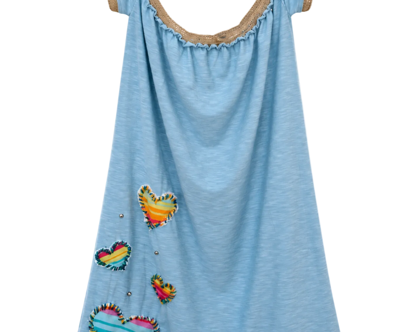A light blue sleeveless tunic dress with a scoop neckline trimmed in tan lace, decorated with colorful striped fabric hearts and small silver rhinestones, shown against a plain white background.