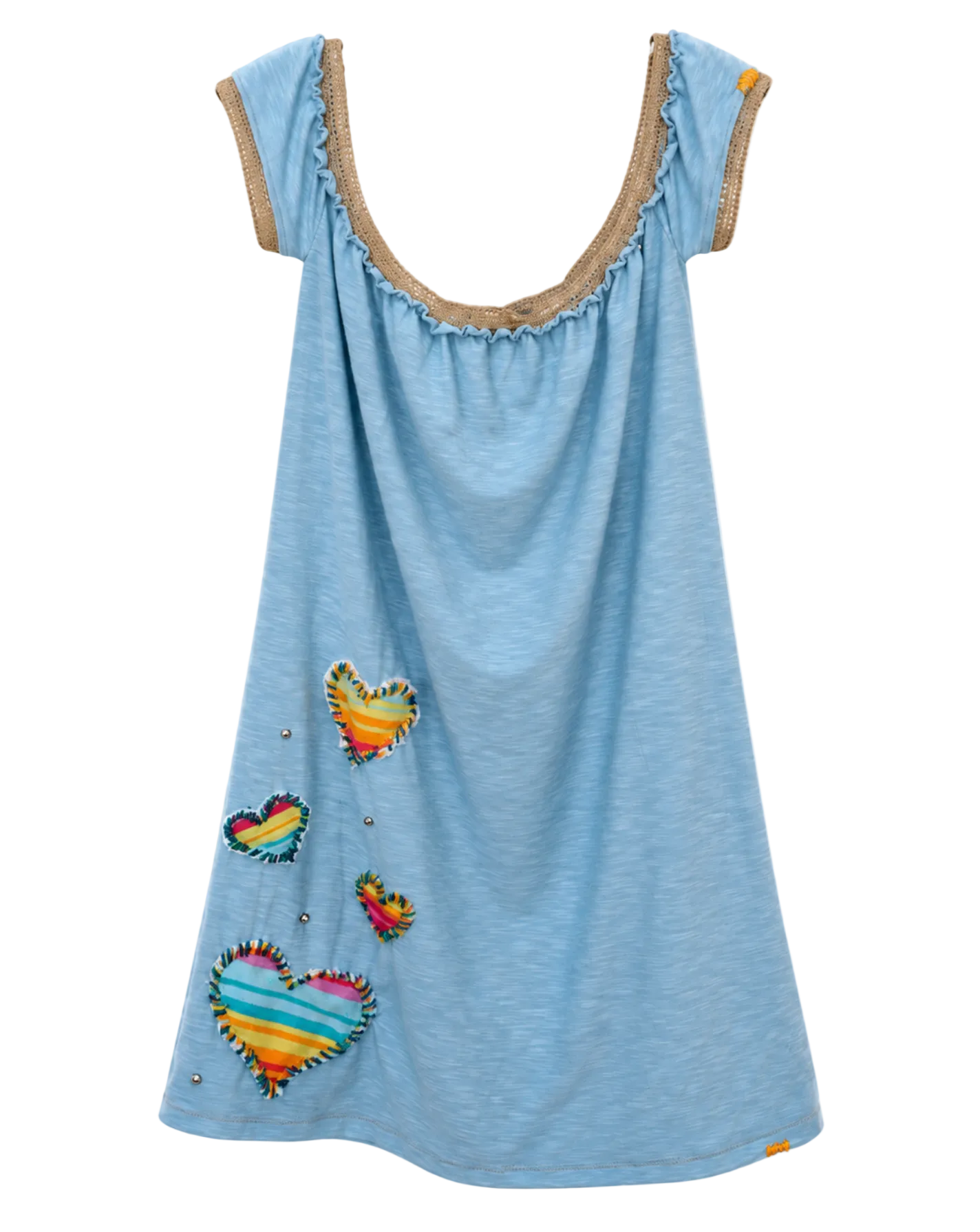 A light blue sleeveless tunic dress with a scoop neckline trimmed in tan lace, decorated with colorful striped fabric hearts and small silver rhinestones, shown against a plain white background.