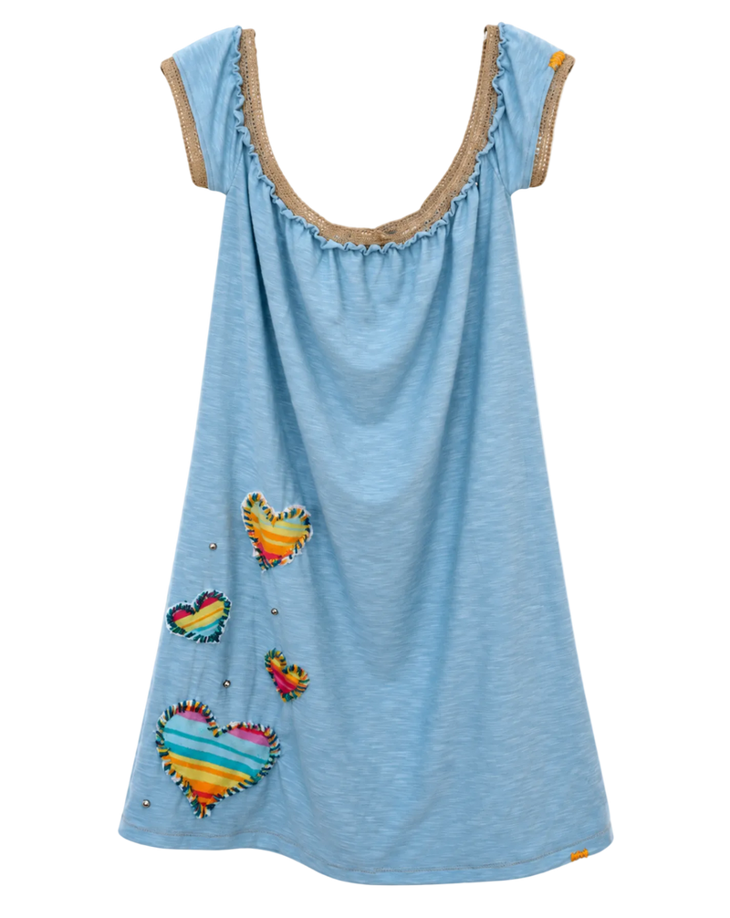 A light blue sleeveless tunic dress with a scoop neckline trimmed in tan lace, decorated with colorful striped fabric hearts and small silver rhinestones, shown against a plain white background.