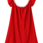 A bright red baby dress with ruffled cap sleeves and a scoop neckline trimmed with delicate white lace, shown against a plain white background.