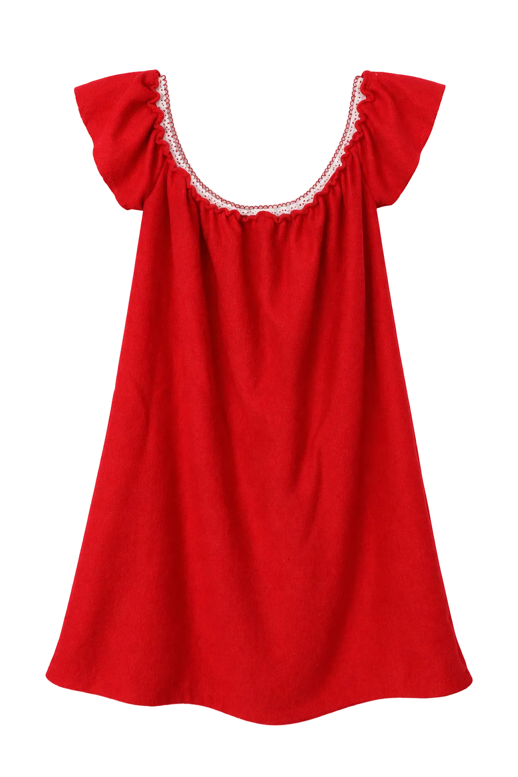 A bright red baby dress with ruffled cap sleeves and a scoop neckline trimmed with delicate white lace, shown against a plain white background.