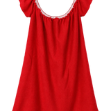 A bright red baby dress with ruffled cap sleeves and a scoop neckline trimmed with delicate white lace, shown against a plain white background.