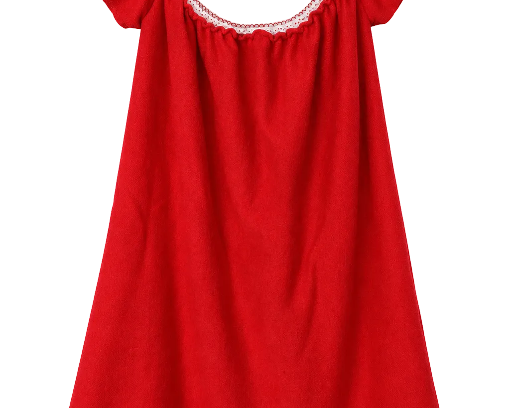 A bright red baby dress with ruffled cap sleeves and a scoop neckline trimmed with delicate white lace, shown against a plain white background.