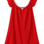A bright red babydoll nightgown with ruffled cap sleeves and a decorative white embroidered neckline, shown against a plain white background.