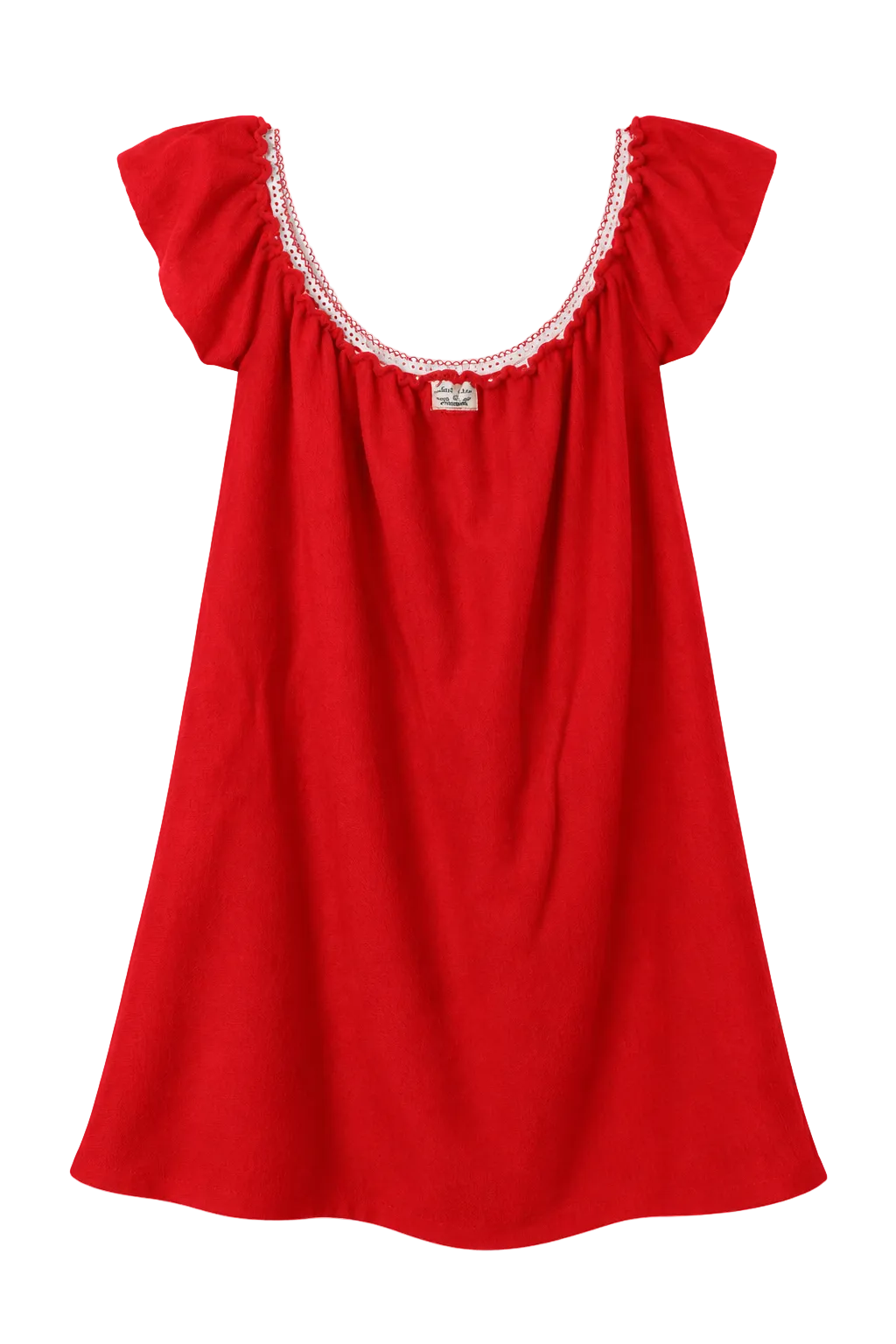 A bright red babydoll nightgown with ruffled cap sleeves and a decorative white embroidered neckline, shown against a plain white background.