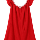 A bright red babydoll nightgown with ruffled cap sleeves and a decorative white embroidered neckline, shown against a plain white background.