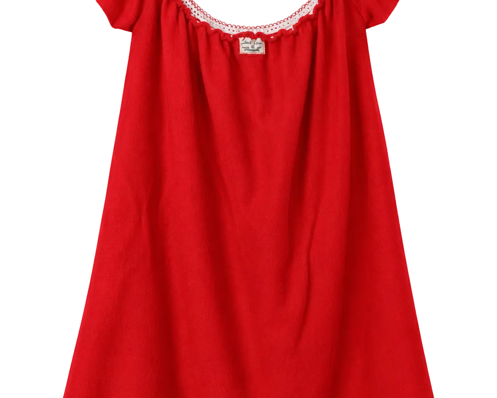 A bright red babydoll nightgown with ruffled cap sleeves and a decorative white embroidered neckline, shown against a plain white background.