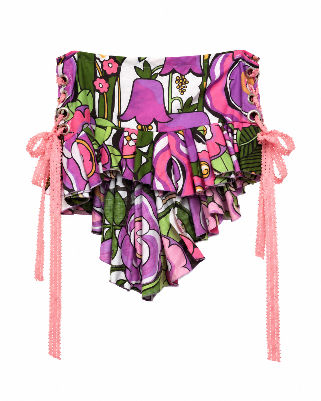 A ruffled bikini bottom featuring a vibrant pink, purple, and green floral and botanical print, with pink beaded side ties hanging down on a white background.