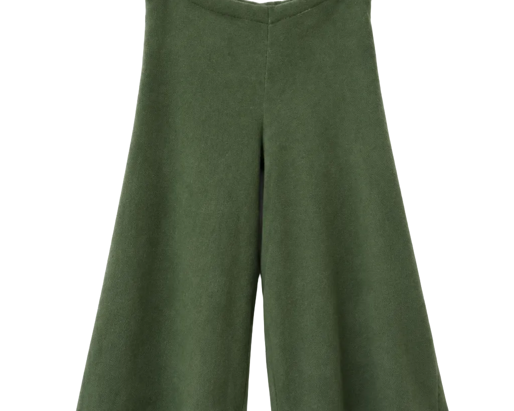 A pair of olive green wide-leg cropped pants hanging from a clear plastic hanger against a plain white wall.