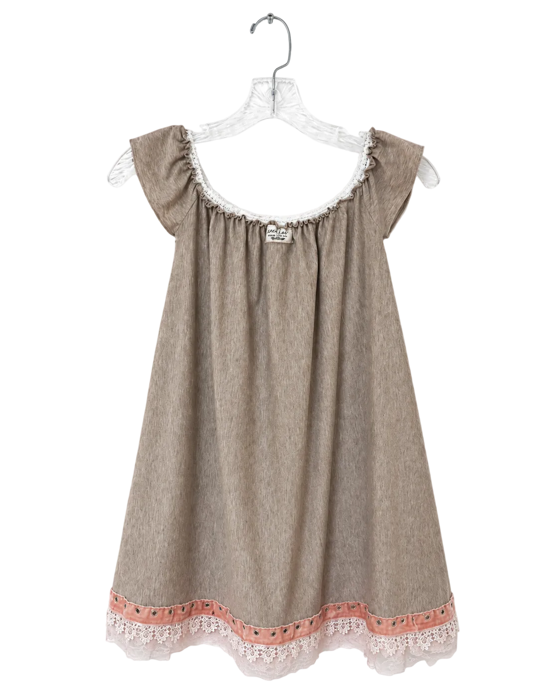 A Lacy Dress sleeveless babydoll nightgown in a textured taupe-brown fabric, featuring a scoop neckline with white lace trim, short cap sleeves with white lace trim, and a scalloped hem with white lace and a pink embroidered border.