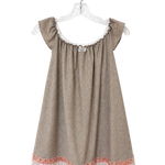 A Lacy Dress sleeveless babydoll nightgown in a textured taupe-brown fabric, featuring a scoop neckline with white lace trim, short cap sleeves with white lace trim, and a scalloped hem with white lace and a pink embroidered border.