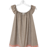 A Lacy Dress sleeveless babydoll nightgown in a textured taupe-brown fabric, featuring a scoop neckline with white lace trim, short cap sleeves with white lace trim, and a scalloped hem with white lace and a pink embroidered border.