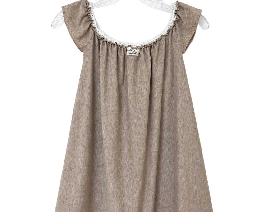 A Lacy Dress sleeveless babydoll nightgown in a textured taupe-brown fabric, featuring a scoop neckline with white lace trim, short cap sleeves with white lace trim, and a scalloped hem with white lace and a pink embroidered border.