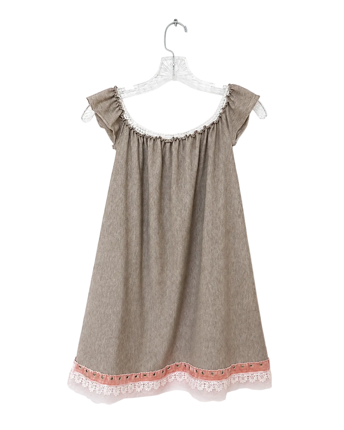 A taupe-brown cotton nightgown with a scoop neckline, ruffled cap sleeves, white lace trim at the neckline and hem, and a pink embroidered border, hanging on a white hanger against a white background.