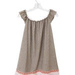A taupe-brown cotton nightgown with a scoop neckline, ruffled cap sleeves, white lace trim at the neckline and hem, and a pink embroidered border, hanging on a white hanger against a white background.