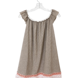 A taupe-brown cotton nightgown with a scoop neckline, ruffled cap sleeves, white lace trim at the neckline and hem, and a pink embroidered border, hanging on a white hanger against a white background.