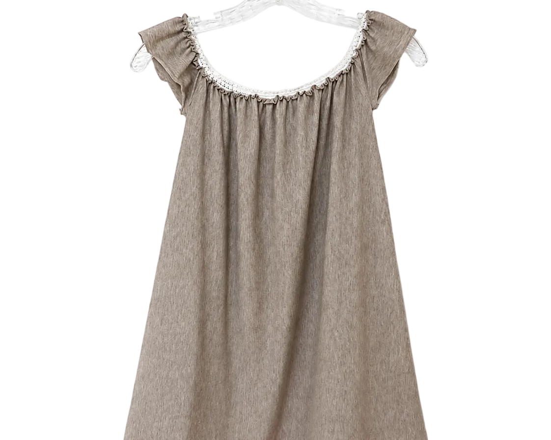 A taupe-brown cotton nightgown with a scoop neckline, ruffled cap sleeves, white lace trim at the neckline and hem, and a pink embroidered border, hanging on a white hanger against a white background.