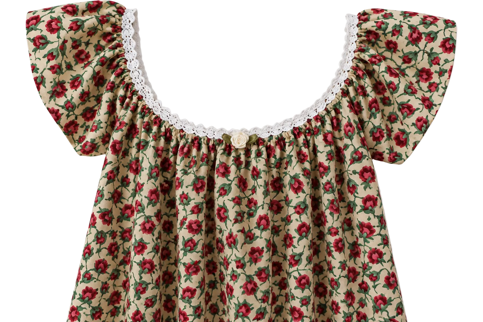 A close-up of a floral off-the-shoulder top with ruffled sleeves, a white lace neckline, and a small decorative button at the center, shown against a plain light background.