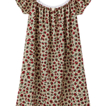 A short dress with a red and green floral print on a beige background, featuring ruffled cap sleeves and a white lace-trimmed scoop neckline, shown against a plain white background.