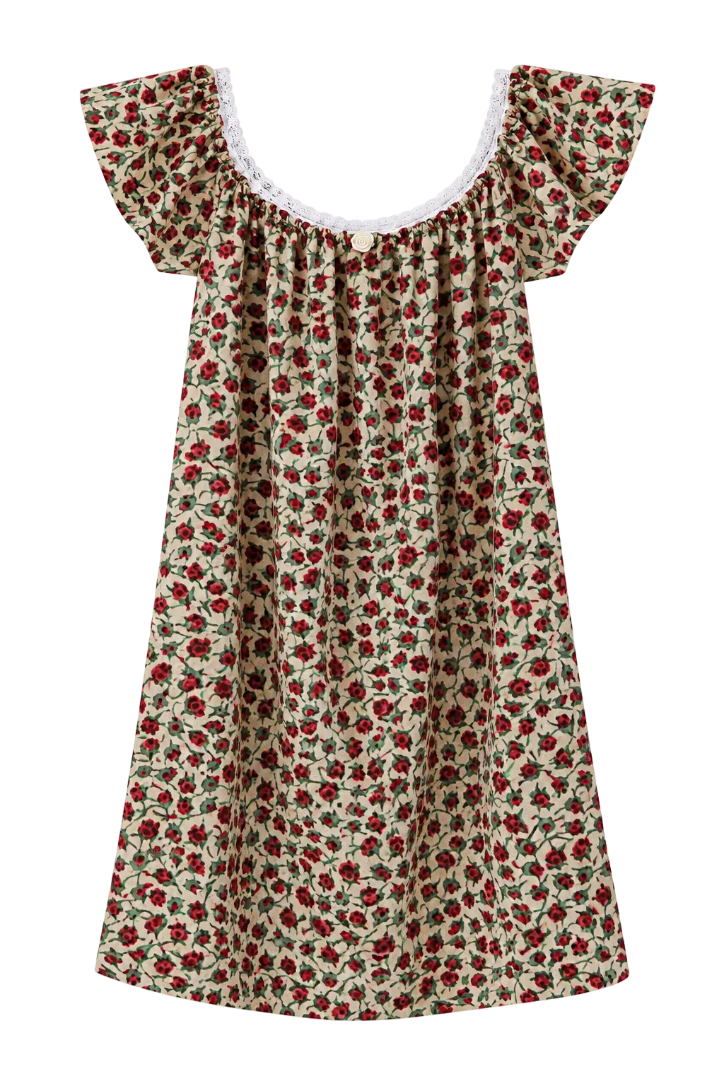 A short dress with a red and green floral print on a beige background, featuring ruffled cap sleeves and a white lace-trimmed scoop neckline, shown against a plain white background.