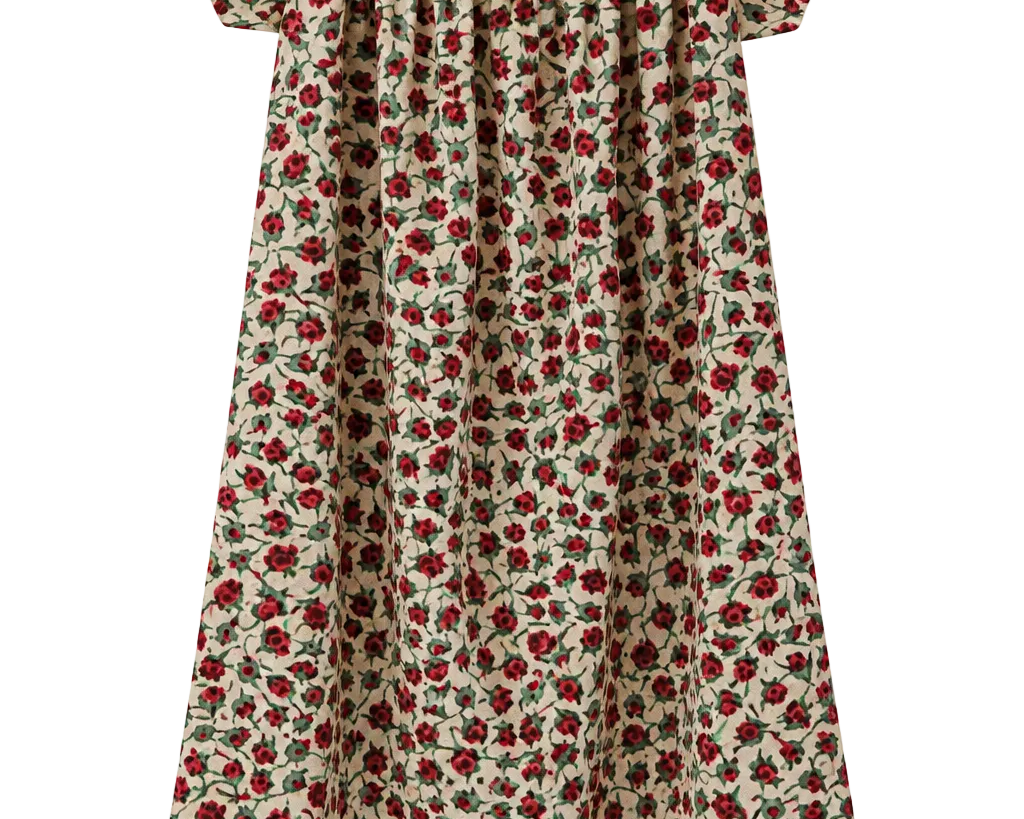 A short dress with a red and green floral print on a beige background, featuring ruffled cap sleeves and a white lace-trimmed scoop neckline, shown against a plain white background.