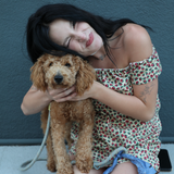 A Kaiwith dark hair wearing a cherry-patterned off-the-shoulder top and denim shorts sits on a concrete surface, holding a small brown poodle dog against a dark blue-gray wall.
