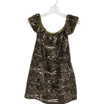 A ladies short-sleeve dress with an abstract black and brown paisley print, featuring olive green trim along the scoop neckline and ruffled sleeves, hanging on a clear plastic hanger against a white background.