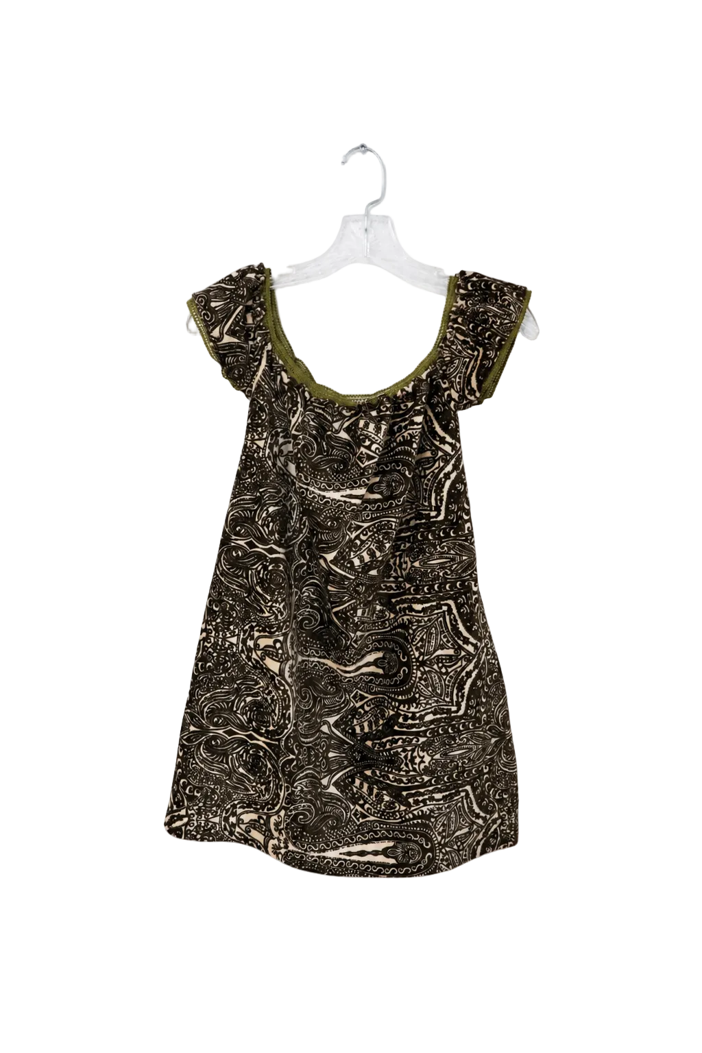 A ladies short-sleeve dress with an abstract black and brown paisley print, featuring olive green trim along the scoop neckline and ruffled sleeves, hanging on a clear plastic hanger against a white background.