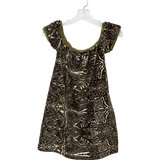 A ladies short-sleeve dress with an abstract black and brown paisley print, featuring olive green trim along the scoop neckline and ruffled sleeves, hanging on a clear plastic hanger against a white background.
