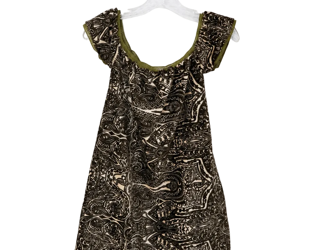 A ladies short-sleeve dress with an abstract black and brown paisley print, featuring olive green trim along the scoop neckline and ruffled sleeves, hanging on a clear plastic hanger against a white background.