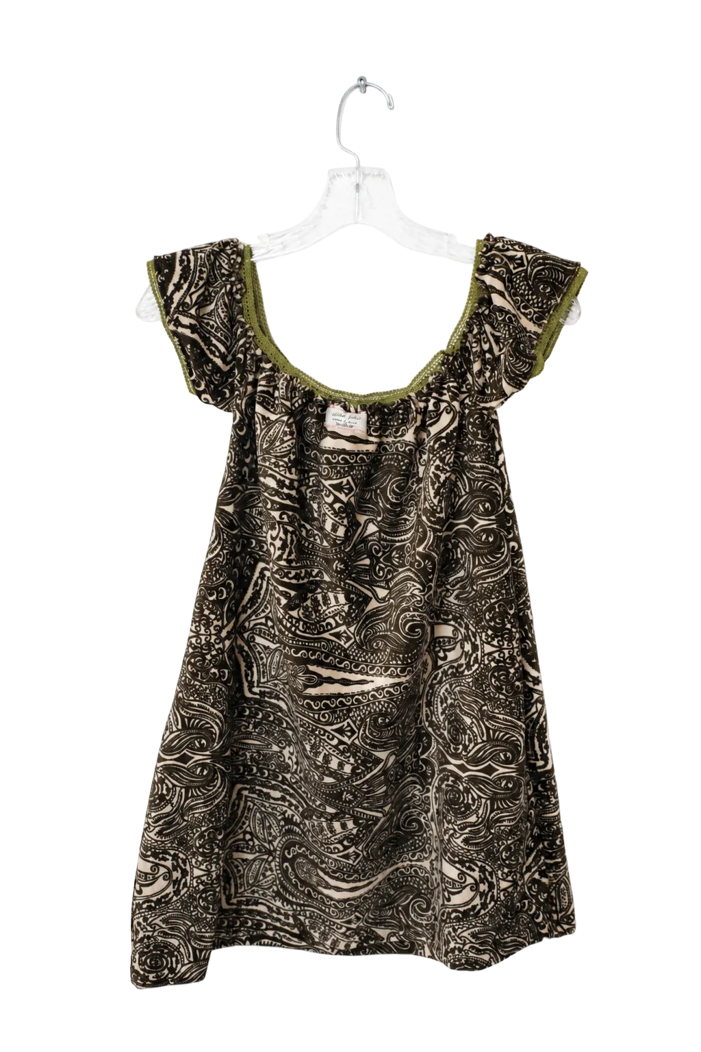 A short-sleeve babydoll dress with an abstract black and beige pattern, featuring olive green trim along the scoop neckline, hanging on a clear plastic hanger against a white background.
