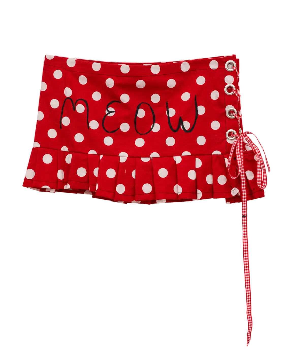 Red and white polka dot skirt with 'MEOW' embroidered on the front, featuring a ruffled hem, side lace-up closure with metal eyelets, and a red-and-white gingham ribbon tie.