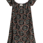 A short-sleeve nightgown with a brown, teal, and beige paisley pattern, featuring a white lace-trimmed scoop neckline and a teal lace hem.