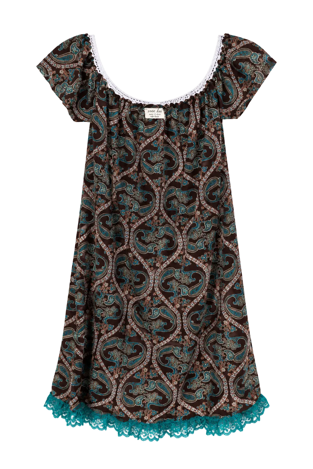 A short-sleeve nightgown with a brown, teal, and beige paisley pattern, featuring a white lace-trimmed scoop neckline and a teal lace hem.