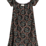 A short-sleeve nightgown with a brown, teal, and beige paisley pattern, featuring a white lace-trimmed scoop neckline and a teal lace hem.