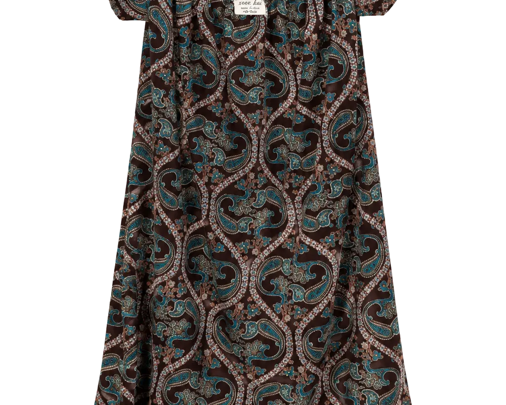 A short-sleeve nightgown with a brown, teal, and beige paisley pattern, featuring a white lace-trimmed scoop neckline and a teal lace hem.