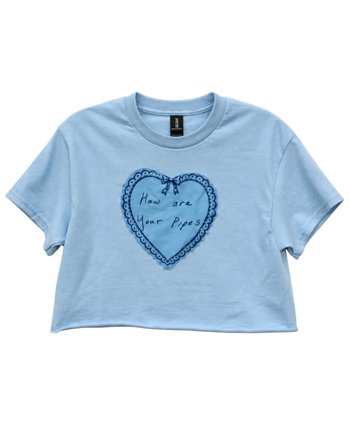 How Are Your Pipes? Crop - front view showing heart appliqué detail